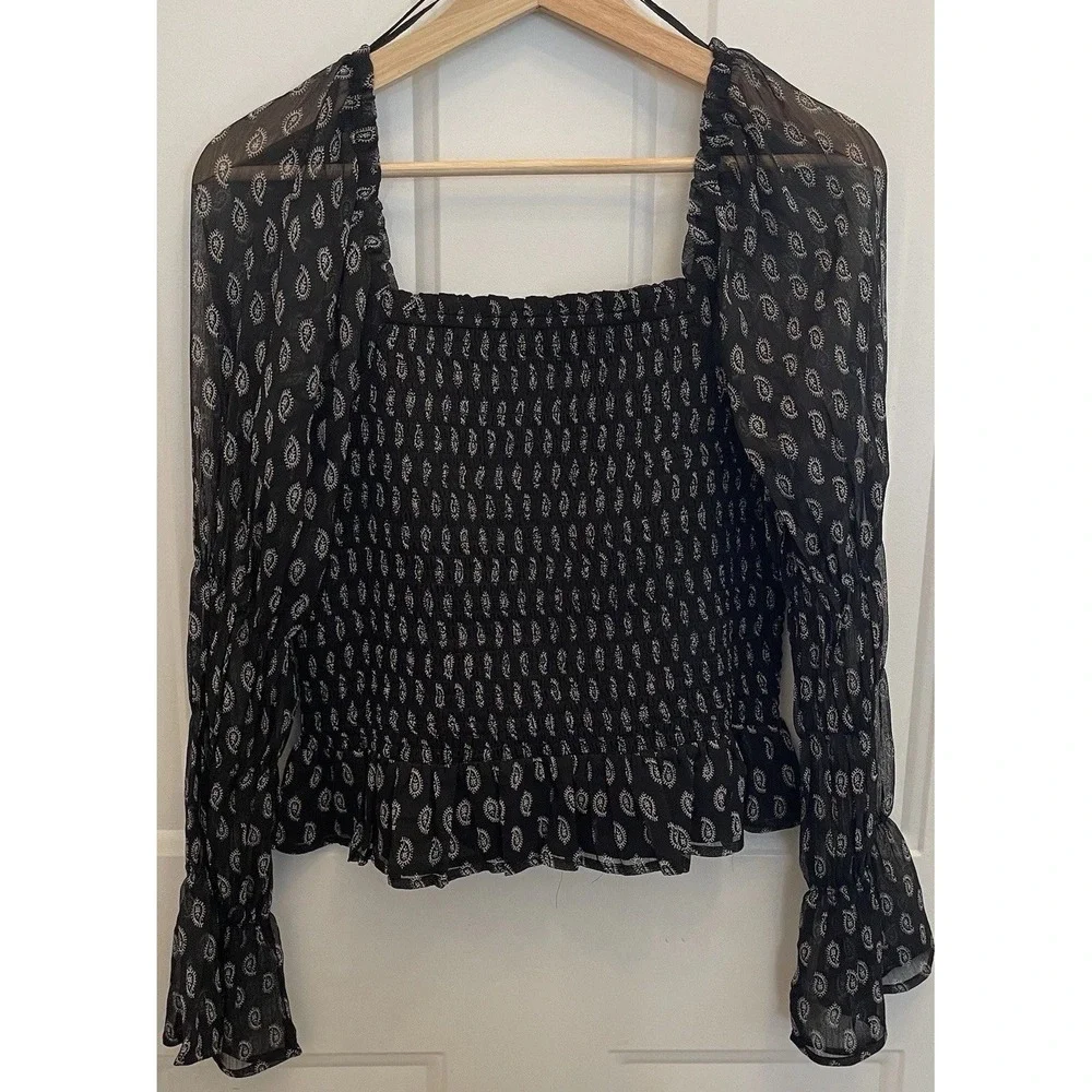 Patrons of Peace Womens L Cropped Black Paisley Smocked‎ Sheer Puff Long Sleeve - Picture 7 of 9